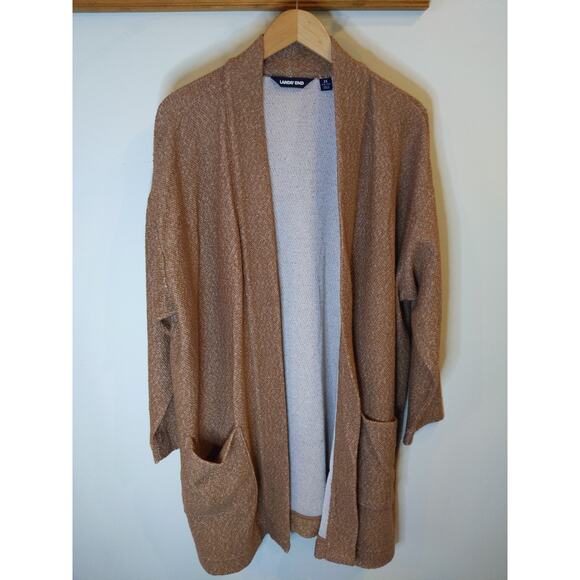 Lands' End Sweaters - LANDS END Women's Brown Heathered Open Front Cardigan 2X Cotton Blend Pockets